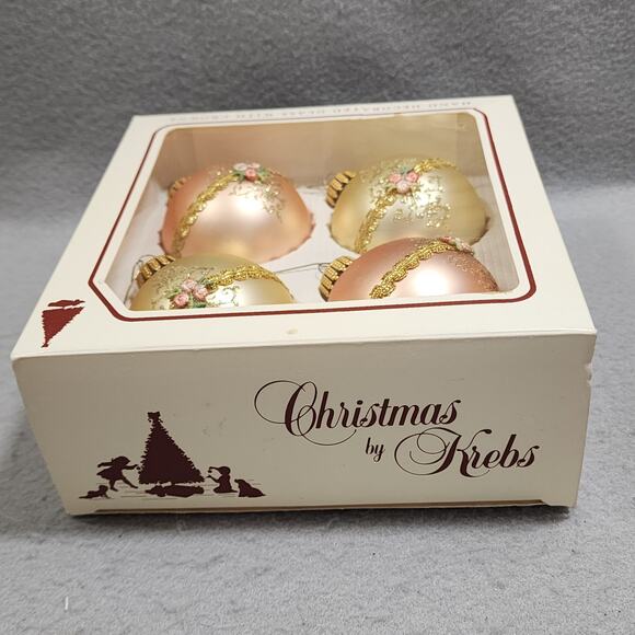 Hand Decorated Glass Christmas Balls Ornaments Peach & Gold x4 By Krebs Vintage - Picture 5 of 6